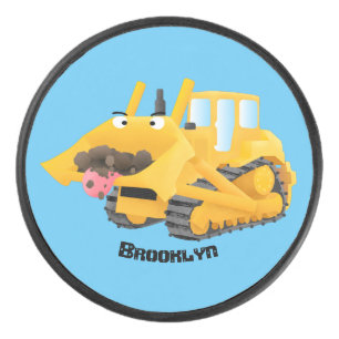 Niedlicher gelber Bulldozer-Comiczeichner Eishockey Puck