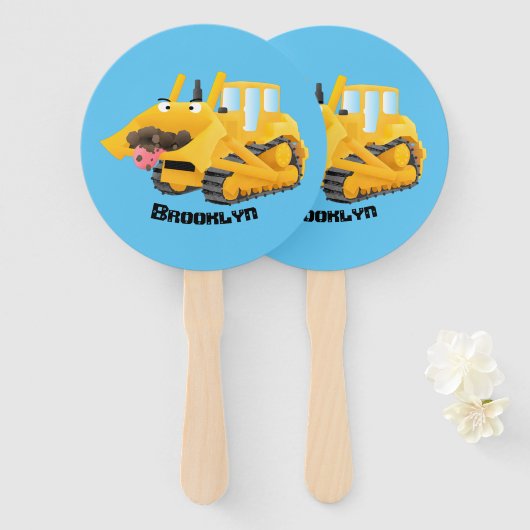 Niedlicher gelber Bulldozer-Comiczeichner Fächer (Vorne und Hinten)