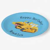 Niedlicher gelber Bulldozer-Comiczeichner Pappteller (Schrägansicht)