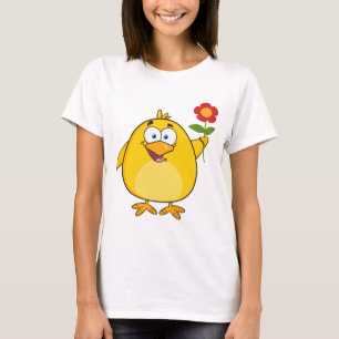 Niedlicher gelber Cartoon-Küken mit Blume T-Shirt