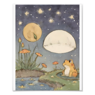 Niedlicher gelber Frosch unter Mond und Sternen Fotodruck