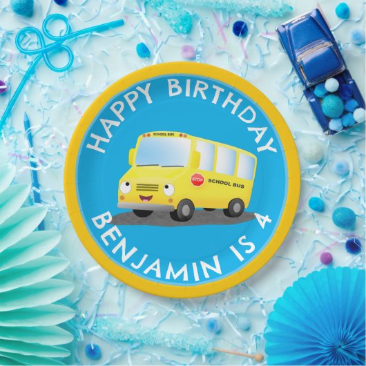 Niedlicher Gelber Schulbus personalisiert Geburtst Pappteller (Party)