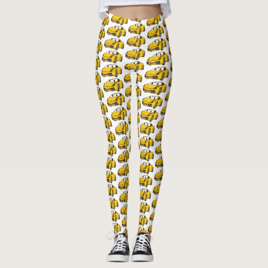 Niedlicher Gelber Sportwagen Cartoon Leggings (Vorderseite)