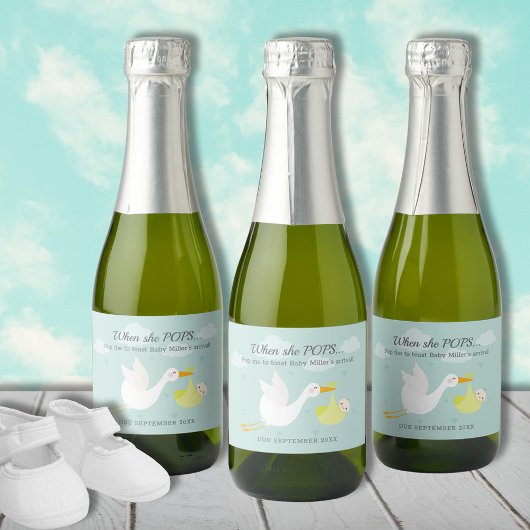 Niedlicher Gelber Stork Bundle Pop It Mini Schaumweinetikett