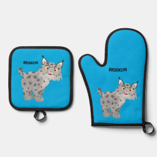 Niedlicher gemeiner Bobcat-Luchs-Cartoon Ofenhandschuh & Topflappen-Set