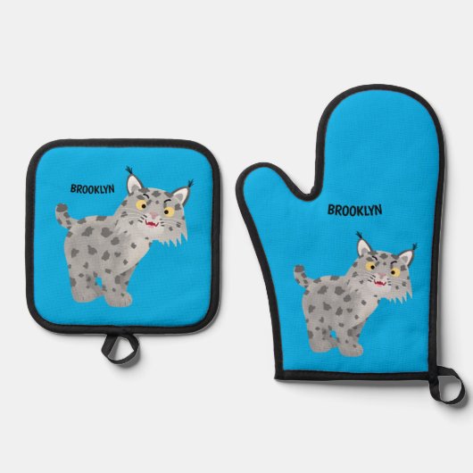 Niedlicher gemeiner Bobcat-Luchs-Cartoon Ofenhandschuh & Topflappen-Set (Vorderseite)
