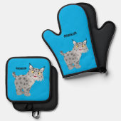 Niedlicher gemeiner Bobcat-Luchs-Cartoon Ofenhandschuh & Topflappen-Set (Vorderseite/Rückseite)