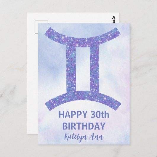 Niedlicher Gemini-Sign Custom Lila Happy Geburtsta Postkarte (Vorne/Hinten)
