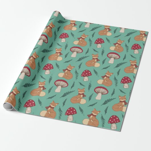 Niedlicher, gemütlicher Fox mit Pilzen. Türkis. Geschenkpapier (Ungerollt)
