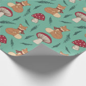 Niedlicher, gemütlicher Fox mit Pilzen. Türkis. Geschenkpapier (Ecke)