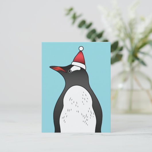 Niedlicher Gentoo Pinguin mit einer Weihnachtsmann Postkarte (Stehend Vorderseite)