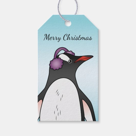 Niedlicher Gentoo Pinguin Ohrenschutz auf blau Geschenkanhänger (Vorderseite)