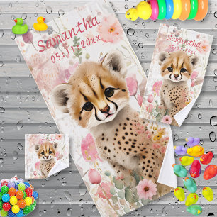 Niedlicher Gepard-Jungtier-Pastell-Aquarell-Blumen Badhandtuch Set
