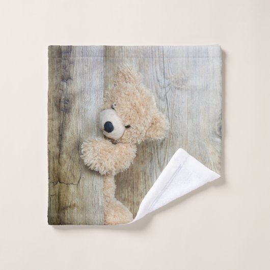 Niedlicher gepolsterter Bär Rustikale Holzwand Badhandtuch Set (Waschlappen)