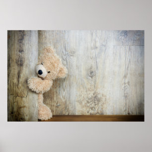 Niedlicher gepolsterter Bär Rustikale Holzwand Poster