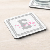 Niedlicher Gerahmter Name und Monogramm | Light Gr Getränkeuntersetzer (Linke Seite)