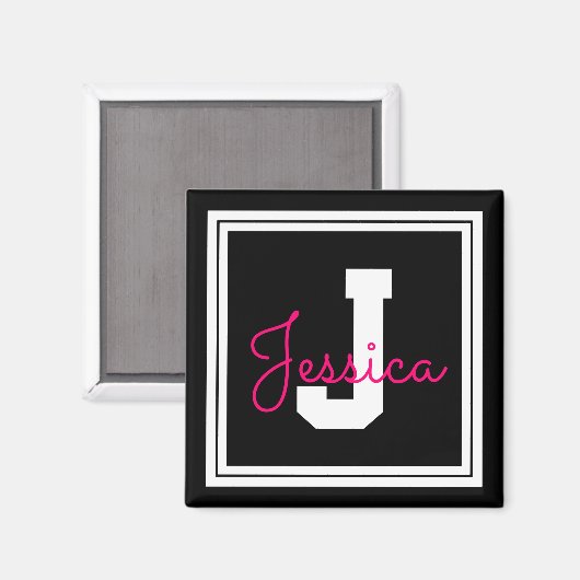 Niedlicher Gerahmter Name und Monogramm | Schwarz- Magnet (Vorderseite/Rückseite)