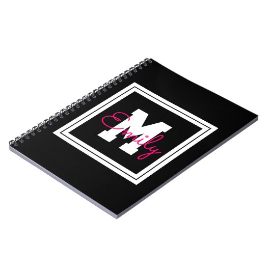 Niedlicher Gerahmter Name und Monogramm | Schwarz- Notizblock (Linke Seite)