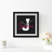 Niedlicher Gerahmter Name und Monogramm | Schwarz- Quadratische Wanduhr (Zuhause)