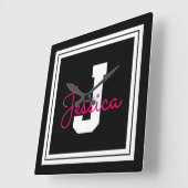 Niedlicher Gerahmter Name und Monogramm | Schwarz- Quadratische Wanduhr (Winkel)