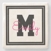 Niedlicher Gerahmter Name und Monogramm | Schwarz/ Steinuntersetzer (Vorderseite)