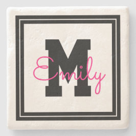 Niedlicher Gerahmter Name und Monogramm | Schwarz/ Steinuntersetzer