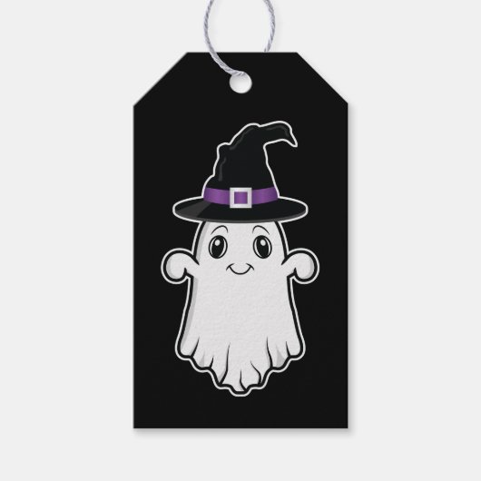 Niedlicher Ghost mit Hexenhut Happy Halloween Blac Geschenkanhänger (Vorderseite)