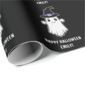 Niedlicher Ghost mit Hexenhut Happy Halloween Blac Geschenkpapier (Rolleneckpunkt)