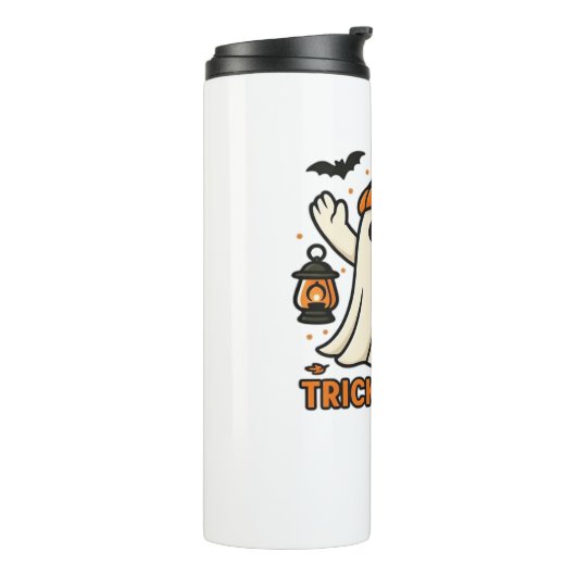 Niedlicher Ghost und Black Cat Trick oder Behandlu Thermosbecher (Nach links gedreht)