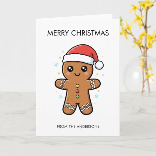 Niedlicher Gingerbrot Mann mit Weihnachtsmannmütze Karte (Gelbe Blume)
