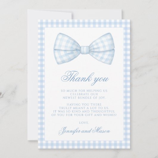 Niedlicher Gingham-Bogen-Krawatte Babydusche Dankeskarte (Vorderseite)
