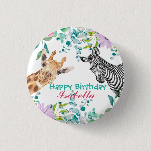 niedlicher Giraffe Zootieren Dschungel Floral Gebu Button (Vorderseite)