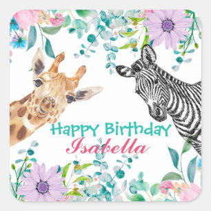 niedlicher Giraffe Zootieren Dschungel Floral Gebu Quadratischer Aufkleber