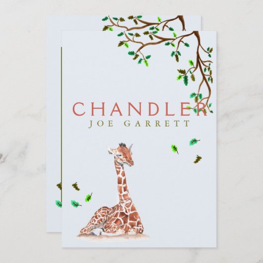 Niedlicher Giraffenjunge, pastellfarbene Fotos Ankündigung (Vorne/Hinten)