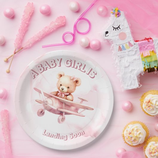 Niedlicher Girl Baby Bear Pilot Rosa Flugzeug Schö Pappteller (Party)