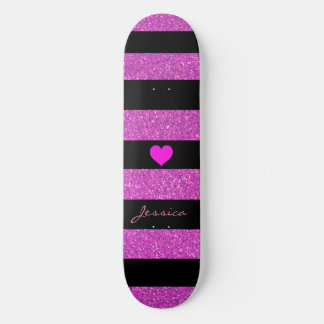 Niedlicher Girl-Glitzer Pink Black Stripes Individ Skateboard