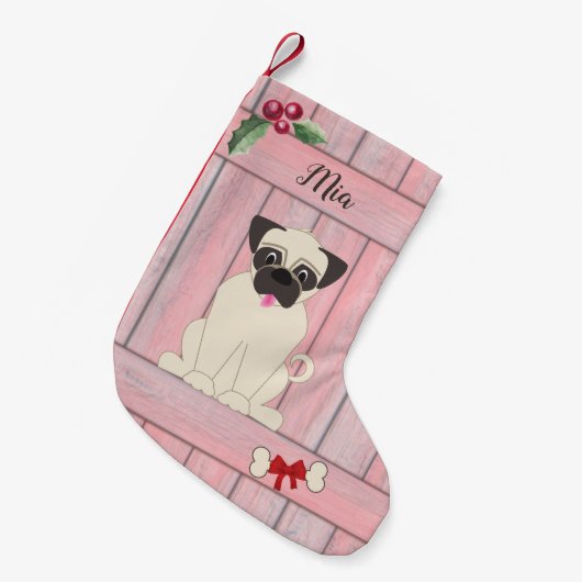 Niedlicher Girl-Mops Rosa Holzzaun Monogramm Kleiner Weihnachtsstrumpf (Vorderansicht (hängend))