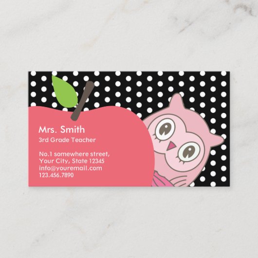 Niedlicher Girl Owl & Apple Tutor-Lehrer Visitenkarte (Vorderseite)
