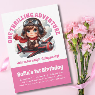 Niedlicher Girl-Pilot fliegt Flugzeug, Girly Pink  Einladung