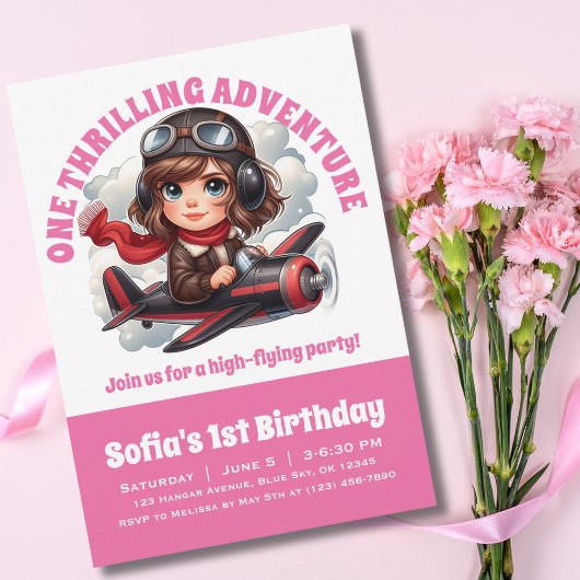 Niedlicher Girl-Pilot fliegt Flugzeug, Girly Pink  Einladung