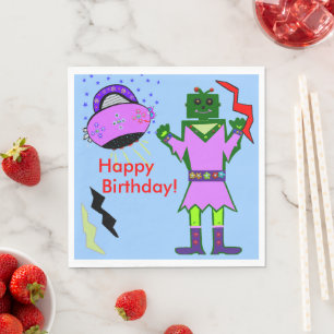 Niedlicher Girl Robot Pink Spaceship Geburtstag Na Serviette