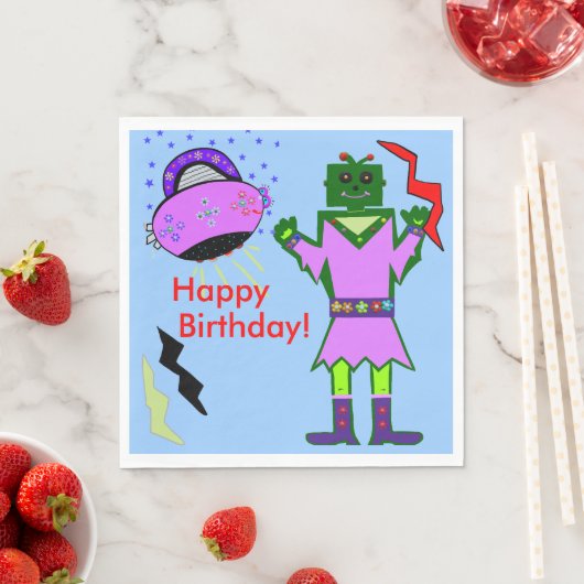 Niedlicher Girl Robot Pink Spaceship Geburtstag Na Serviette (Beispiel)