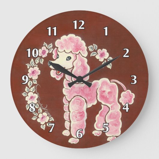 Niedlicher Girly flaumiger rosa Pudel-Hund Große Wanduhr (Vorderseite)