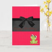 Niedlicher Girly Frog auf Red Polka Docks, Geburts Karte (Gelbe Blume)
