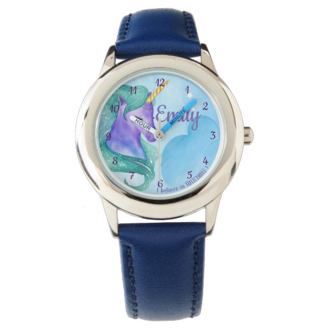 Niedlicher Glaube an Unicorn Hübsch Blue Green Uni Armbanduhr (Vorderseite)