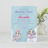 Niedlicher Glitzer Dolls Girl's Winter Geburtstag Einladung (Stehend Vorderseite)