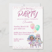 Niedlicher Glitzer Girl Dolls mit Balloons Einladung (Vorderseite)