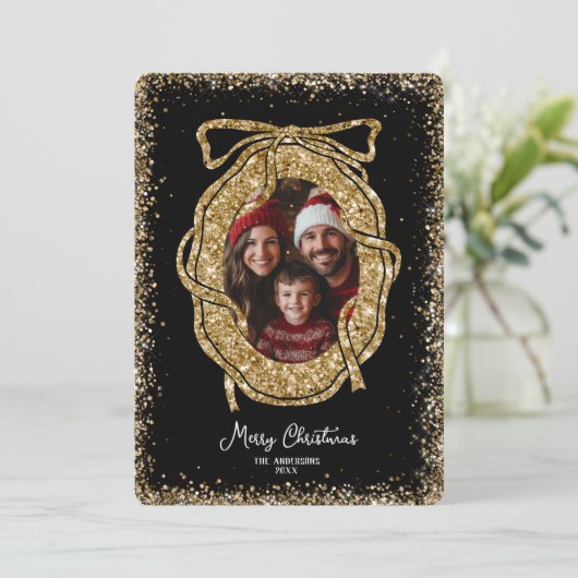Niedlicher Glitzer Gold Frohe Weihnachtsfamilie Fo Einladung (Stehend Vorderseite)
