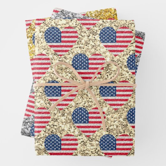 Niedlicher Glitzer Hearts Patriotic American USA F Geschenkpapier Set (Beispiel)
