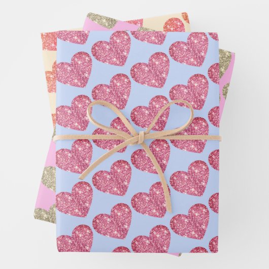 Niedlicher Glitzer Herz rosa Blau Beige Geschenkpapier Set (Beispiel)